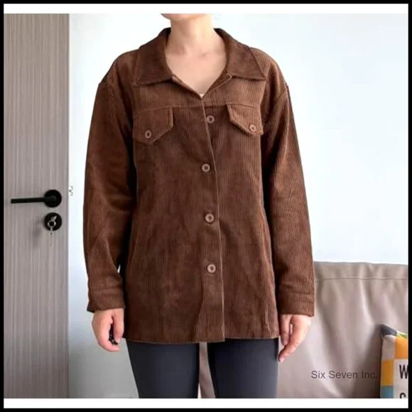 Corduroy Shacket Button Down Casual Jacket Long Sleeve Side Pockets Loose Fit - Picture 5 of 6
